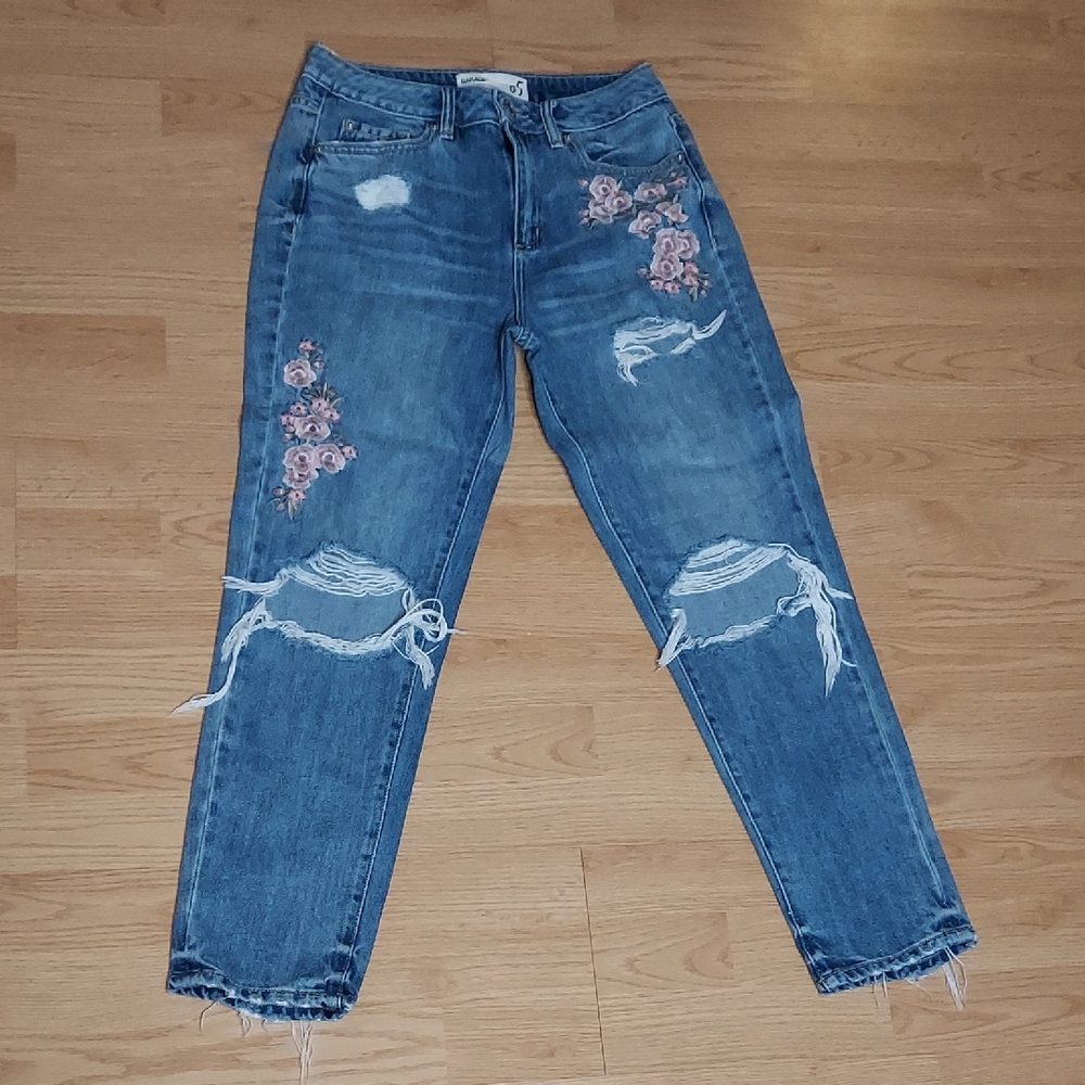 Garage Blue Jeans with Pink Floral Embroidery